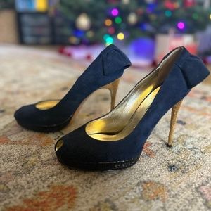 Vintage Leather Peep Toe Navy & Metallic Gold High Heels